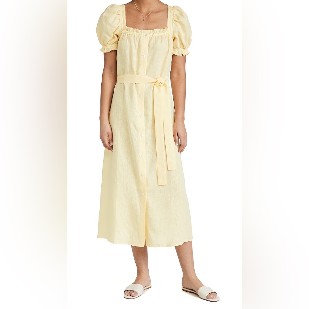 Sleeper Brigitte size Large butter Yellow Linen Puff Sleeve Midi Dress NWOT
